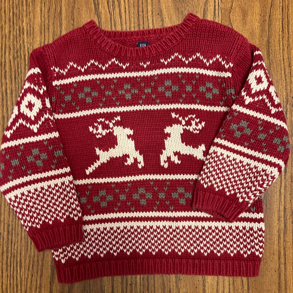 Gap Kids toddler size 2T red sweater with white rain deer with knitted designs.